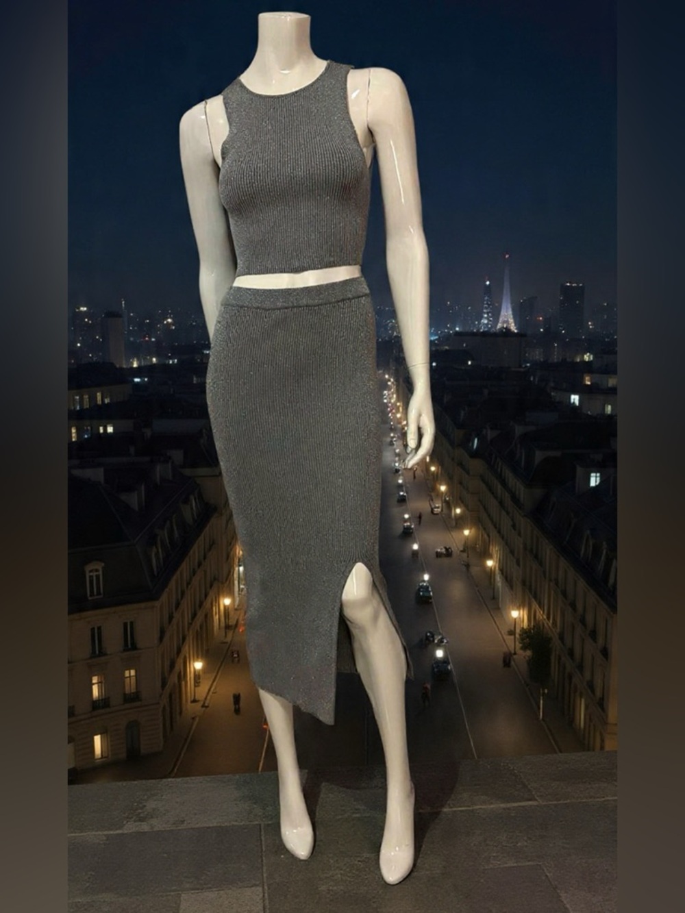 Zara silver ribbed knit set